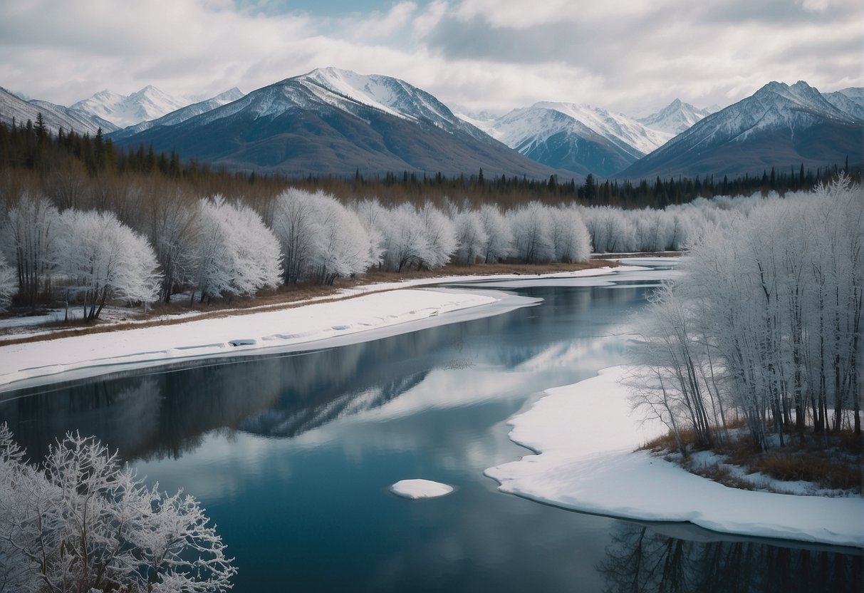 Snow-covered landscape, frozen lakes, bare trees, and icy winds in Alaska's winter