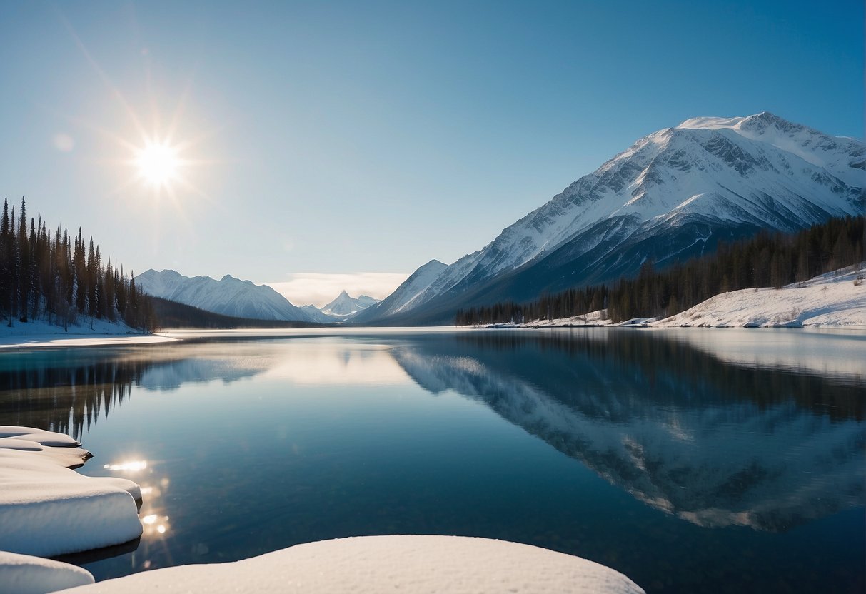 Snow-covered mountains and frozen lakes under a clear blue sky in Alaska's winter