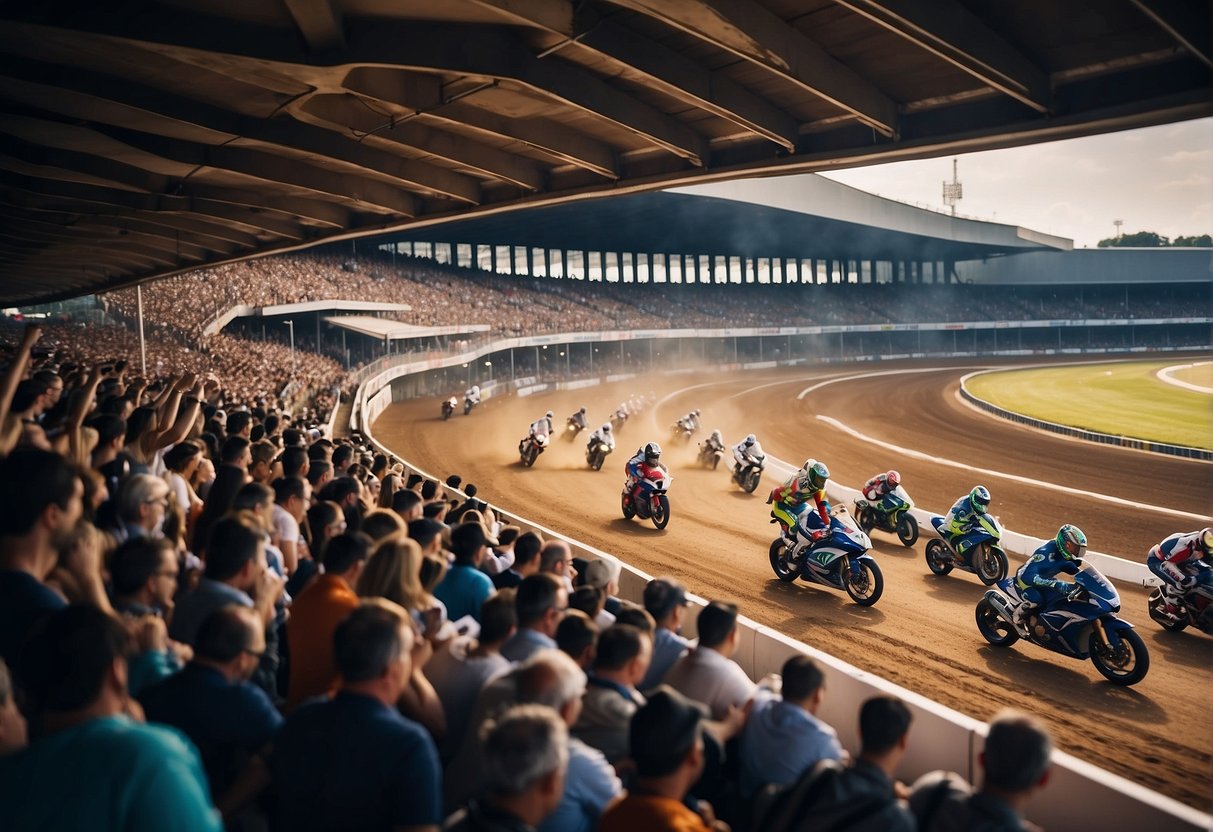 Speedway betting scene: A crowded stadium with cheering fans, bookmakers' booths, and a track with speeding motorcycles. Excitement and anticipation fill the air