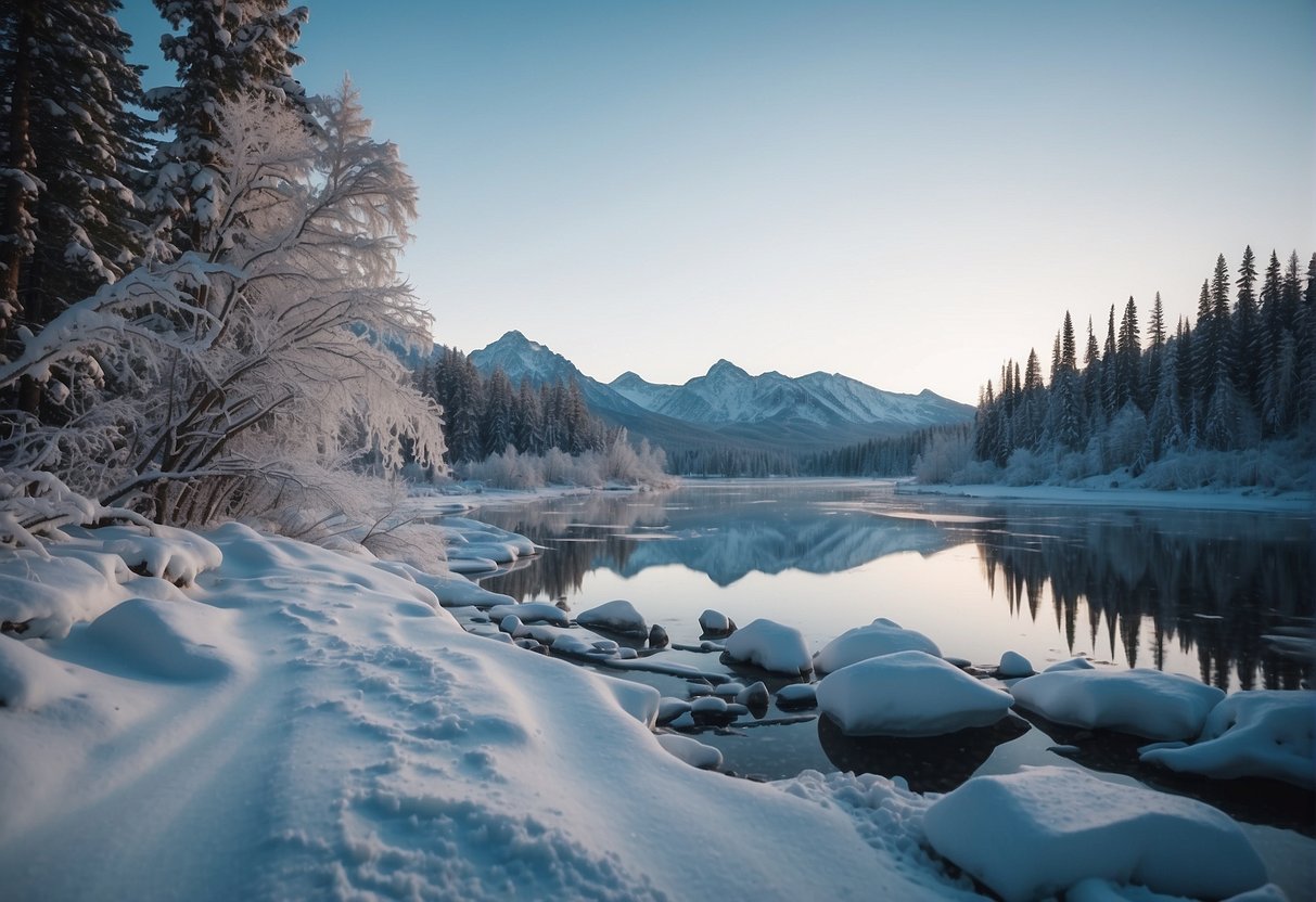 Snow-covered landscape with icy winds and frozen lakes. Temperature drops below freezing, creating a winter wonderland in Alaska