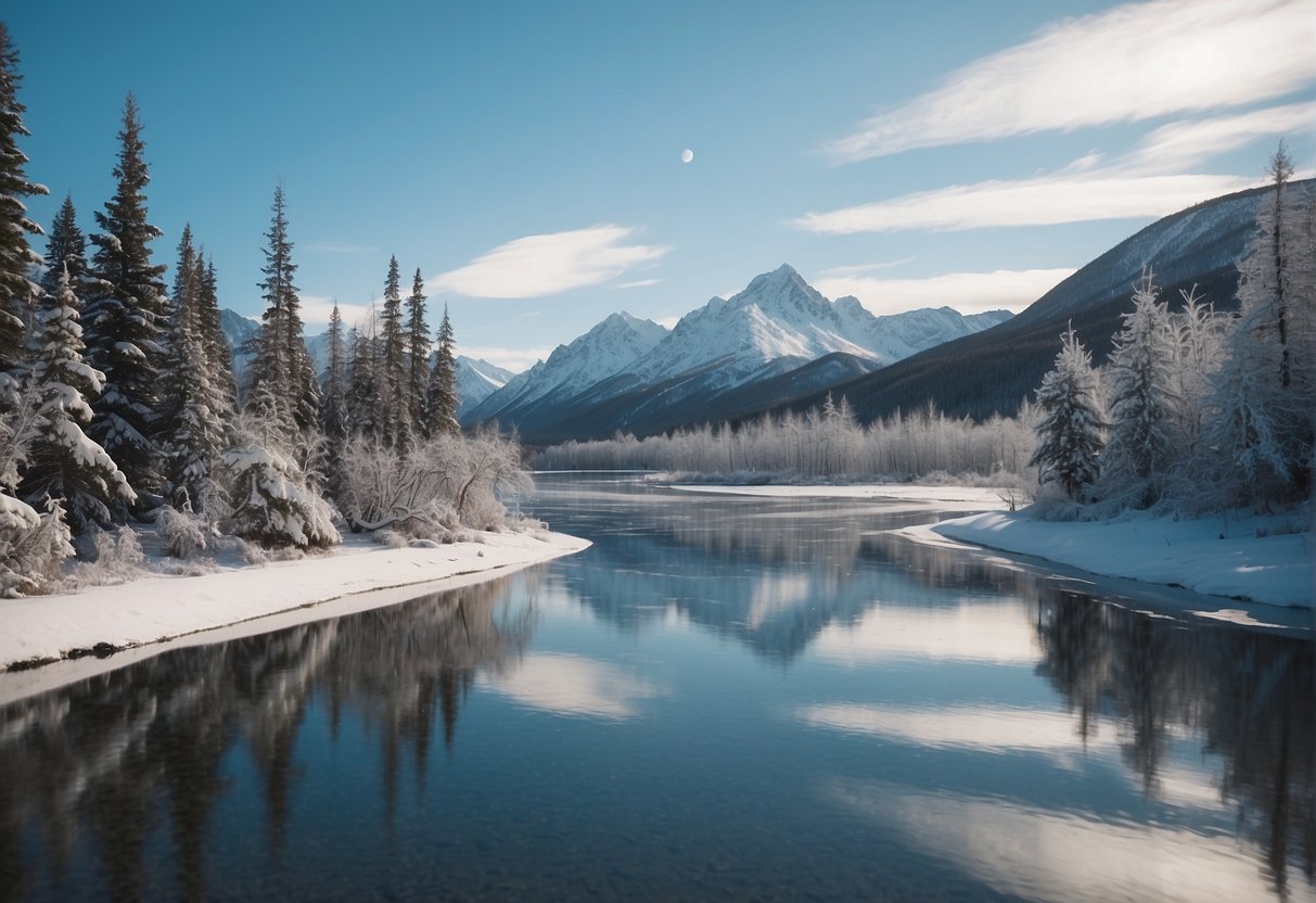 Alaska winter: snow-covered landscape, frozen rivers, bare trees, and icy mountains under a clear blue sky