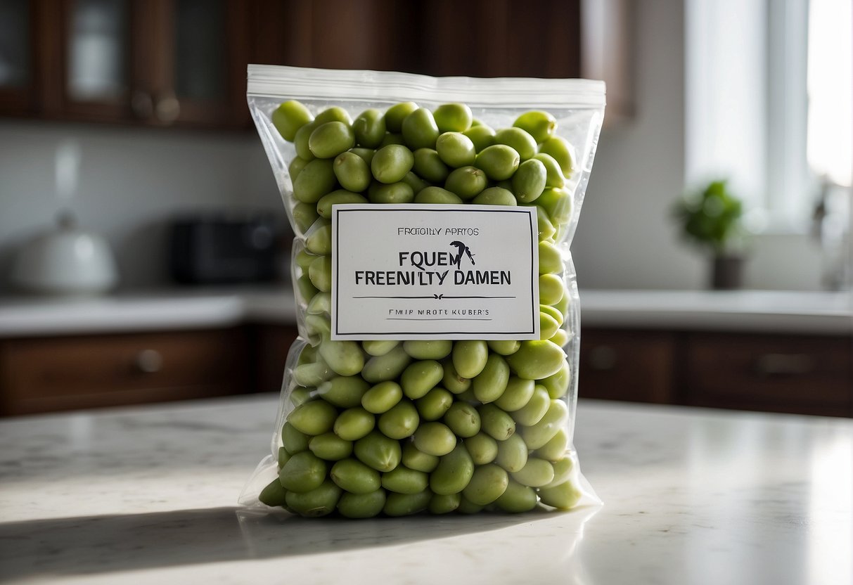 A bag of frozen edamame sits on a clean, white kitchen counter with a label that reads "Frequently Asked Questions."