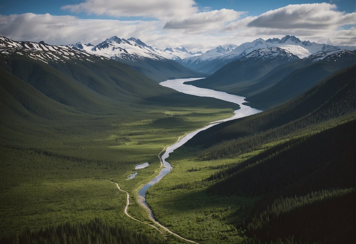 Vast stretches of untouched wilderness in Alaska, with snow-capped mountains, dense forests, and sprawling tundra, remain uninhabited