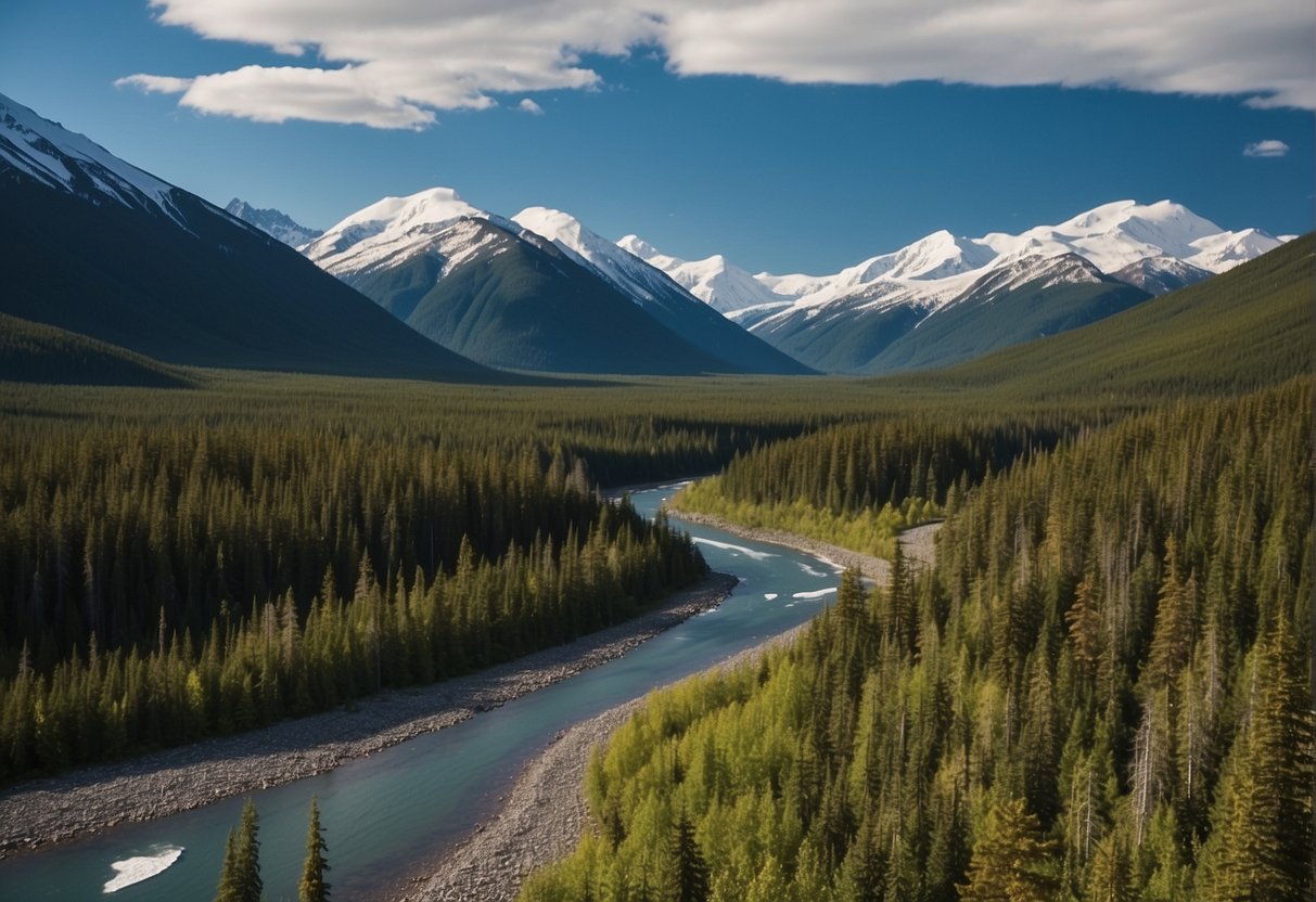 Vast, untouched Alaskan wilderness with snow-capped mountains, dense forests, and winding rivers. Sparse signs of human presence, vast uninhabited regions