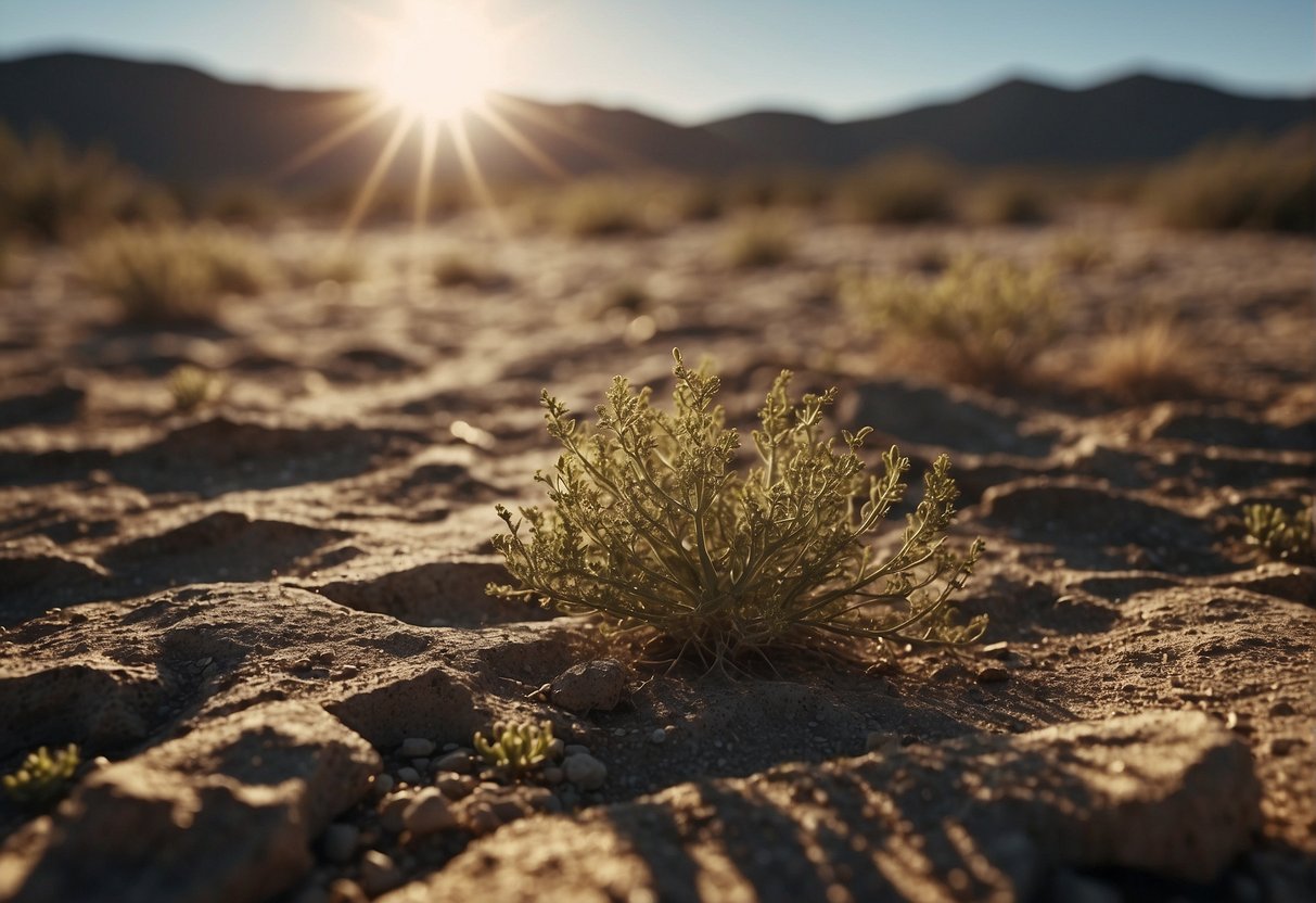 A barren, arid landscape with sparse vegetation and dry, cracked earth. The sun beats down relentlessly, casting harsh shadows across the desolate terrain