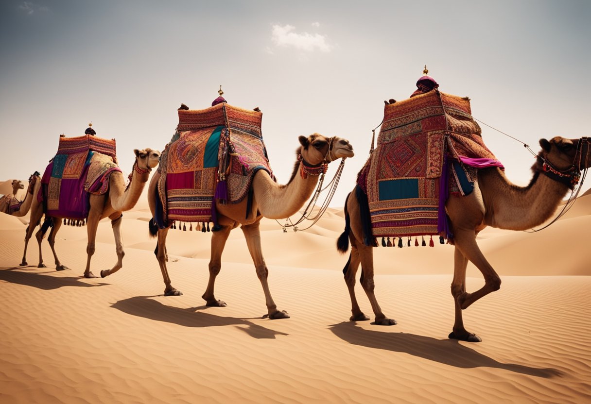 Vibrant camels parade through the desert, adorned with intricate textiles and jewelry. The air is filled with the sounds of lively music and the cheers of the crowd