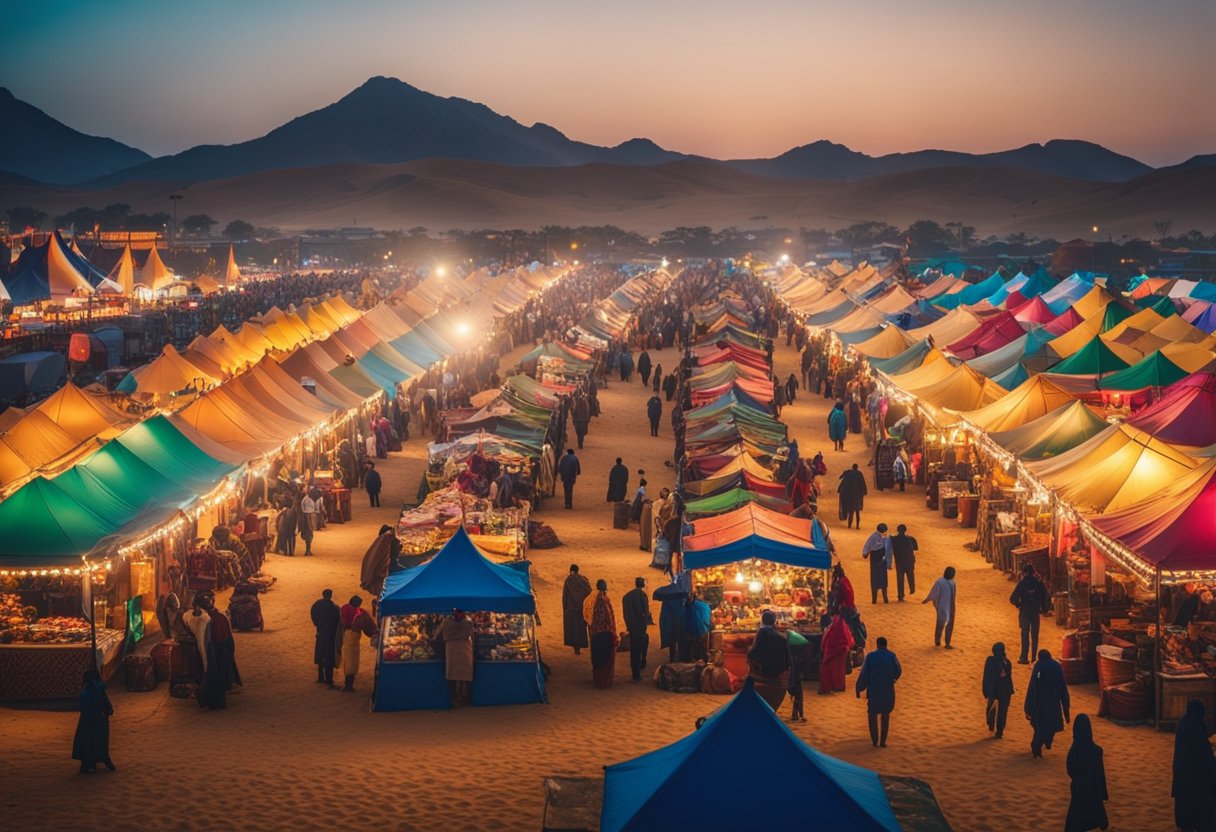 Vibrant food stalls and drink vendors line the sandy festival grounds, surrounded by colorful tents and lively camel competitions