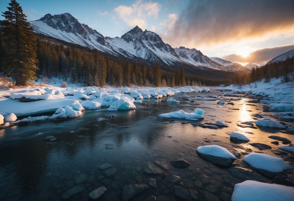 Snow-covered mountains, icy rivers, and frozen tundra illustrate Alaska's cold climate