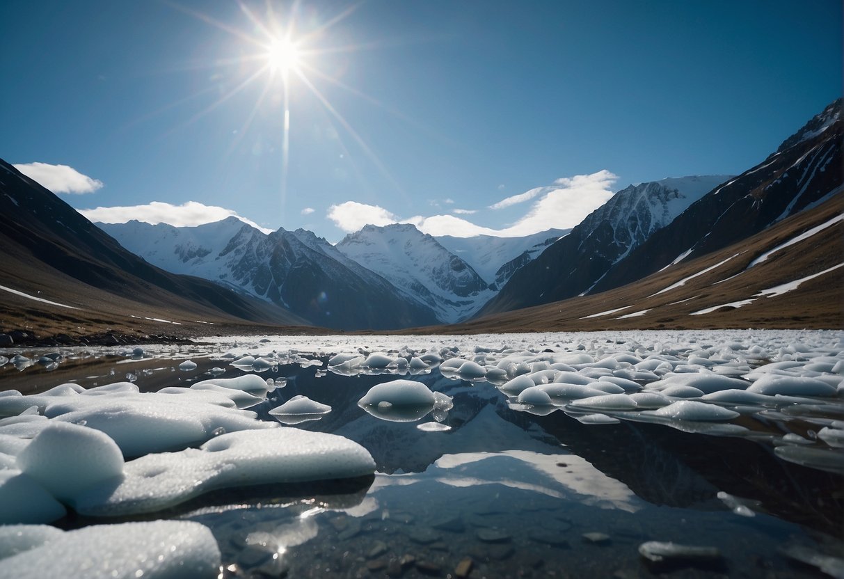 Snow-capped mountains loom over icy waters, as frigid winds sweep across barren tundra. Glaciers glisten in the harsh sunlight, shaping Alaska's cold climate