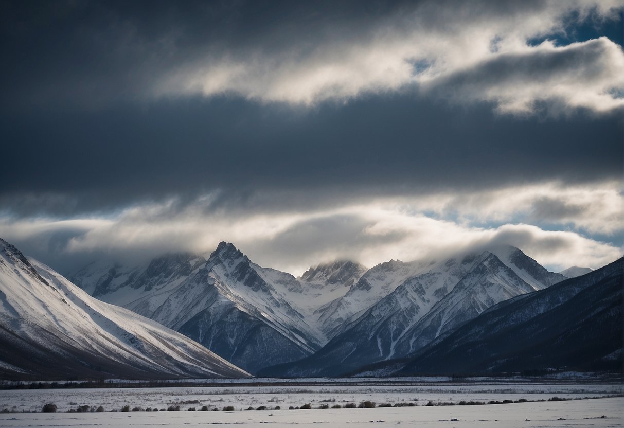 Snow-covered mountains loom over a frozen landscape. Icy winds whip through the air as storm clouds gather, creating a harsh and unforgiving environment