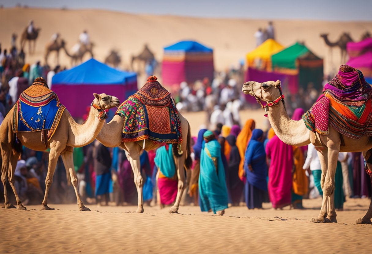 Vibrant tents and camels adorned in colorful textiles fill the desert. Crowds gather to watch competitions and celebrate the lively atmosphere of the Rajasthan Camel Festivals