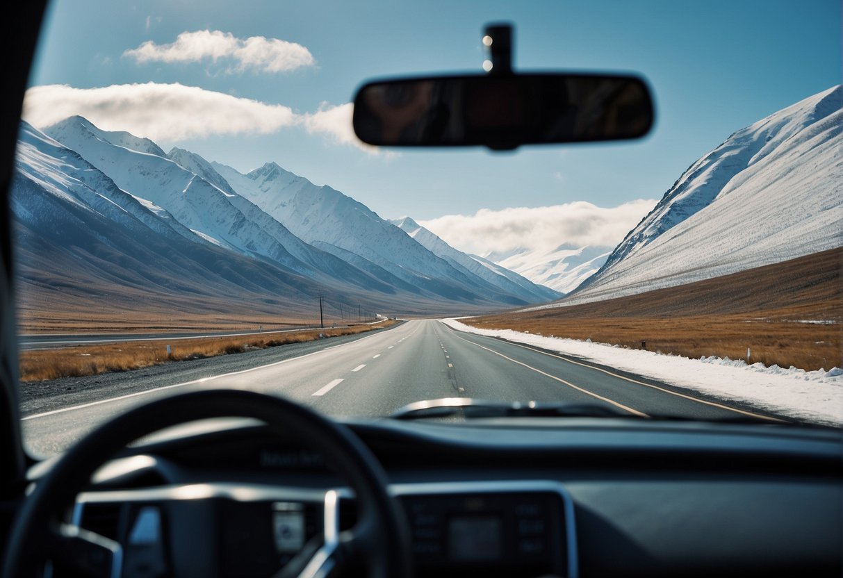 A car driving on a long, icy road from Alaska to Russia, with snow-capped mountains in the distance and the Bering Strait separating the two lands