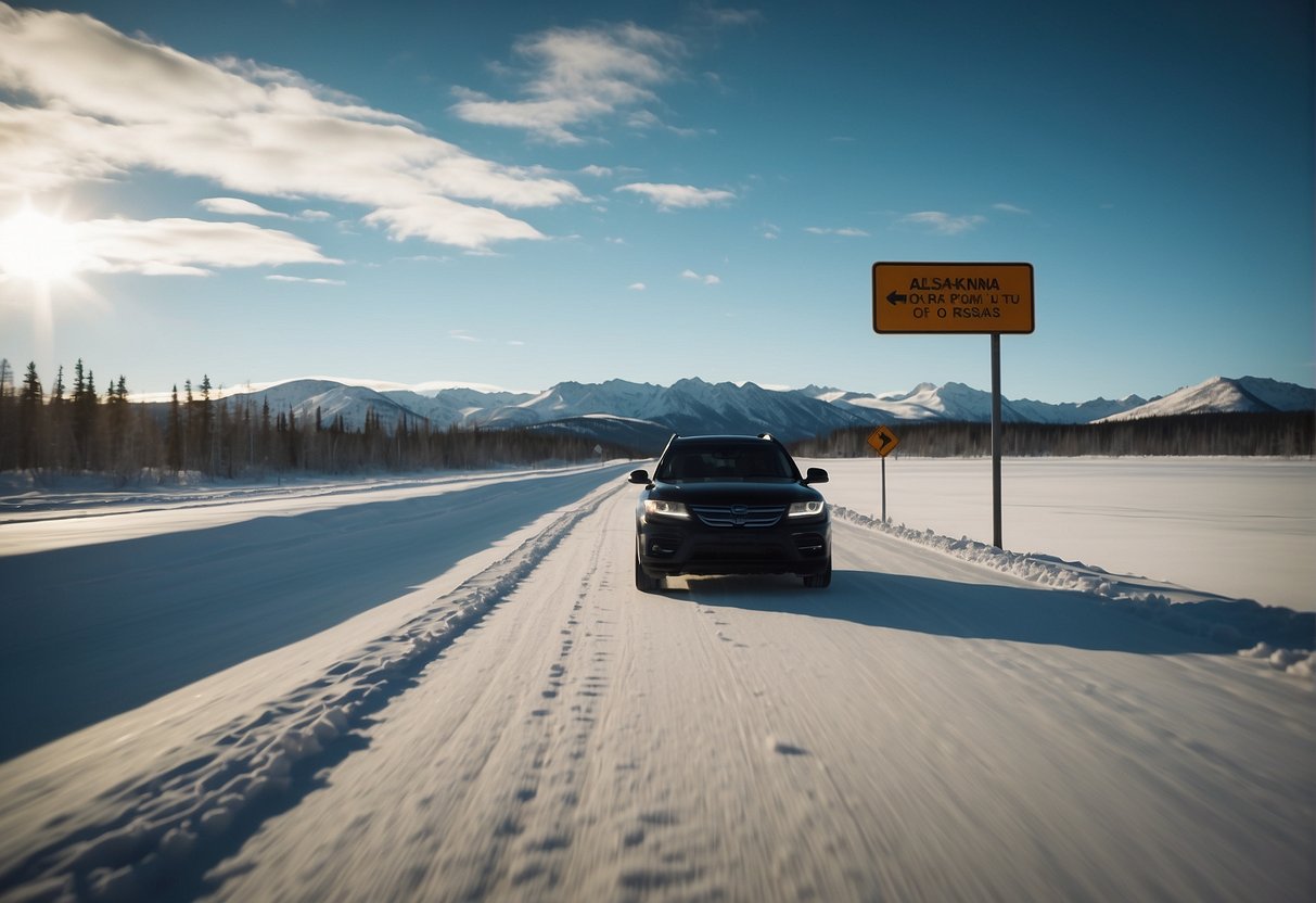 A car driving on a long, snowy road from Alaska to Russia, with a border sign in the distance