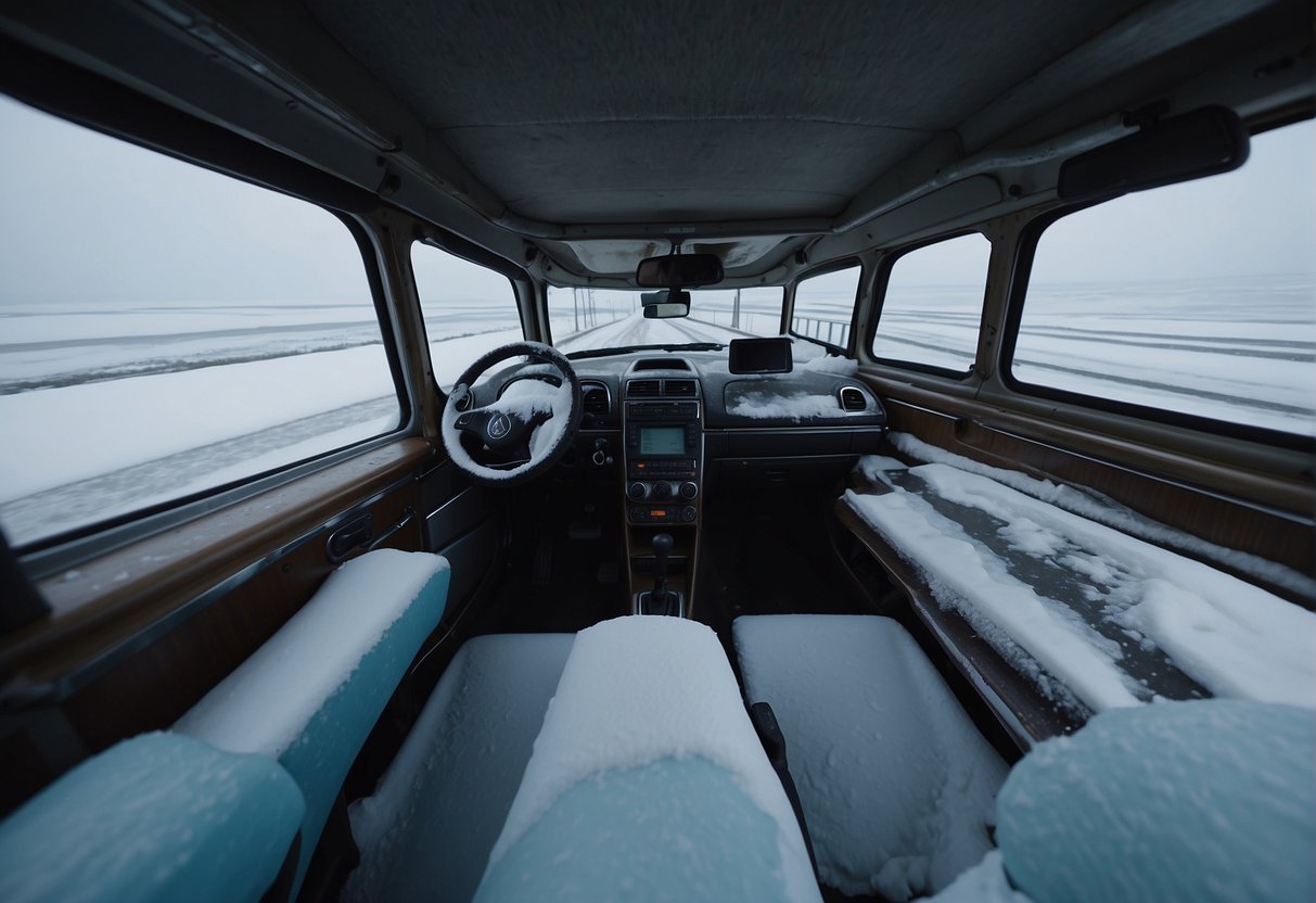 A car driving from Alaska to Russia across a long, icy bridge over the Bering Strait