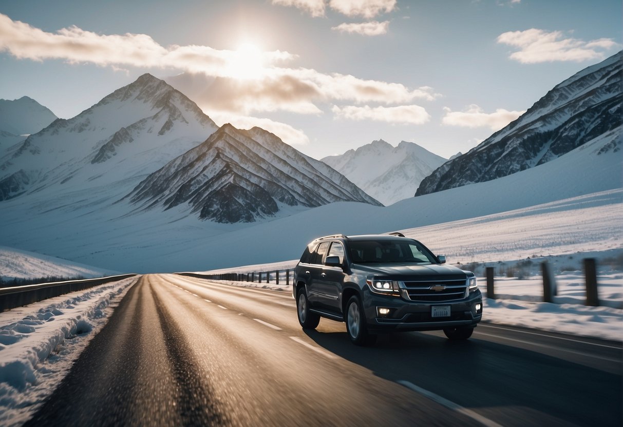 A car driving from Alaska to Russia, crossing a vast expanse of icy terrain with mountains in the background