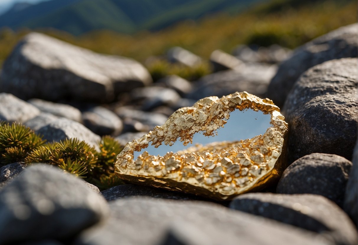 The Alaskan landscape sparkles with gold deposits, shimmering in the sunlight against the rugged terrain