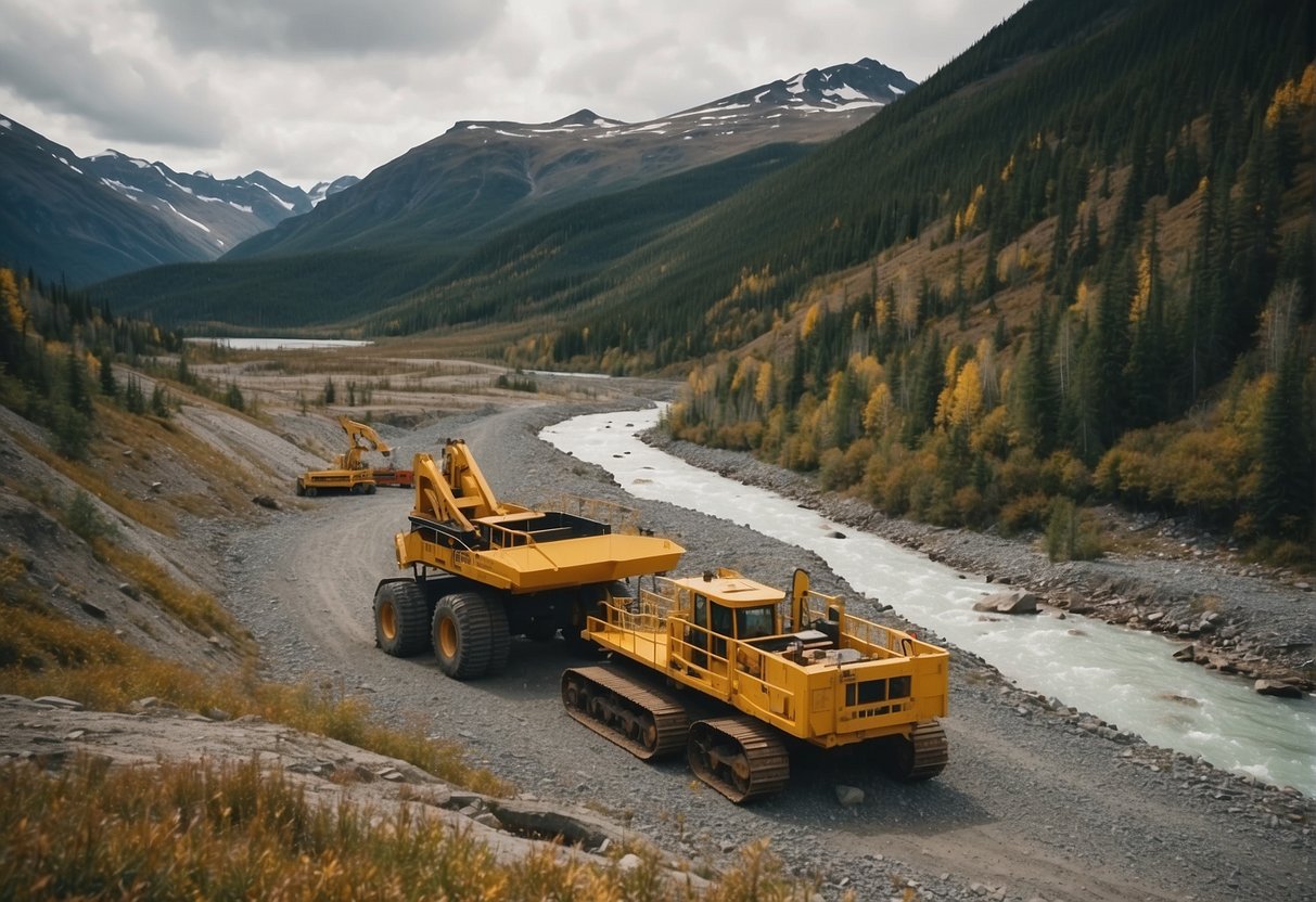 A rugged Alaskan landscape with mountains, rivers, and a gold mine. Machinery and tools for mining are scattered around, with gold nuggets glinting in the dirt