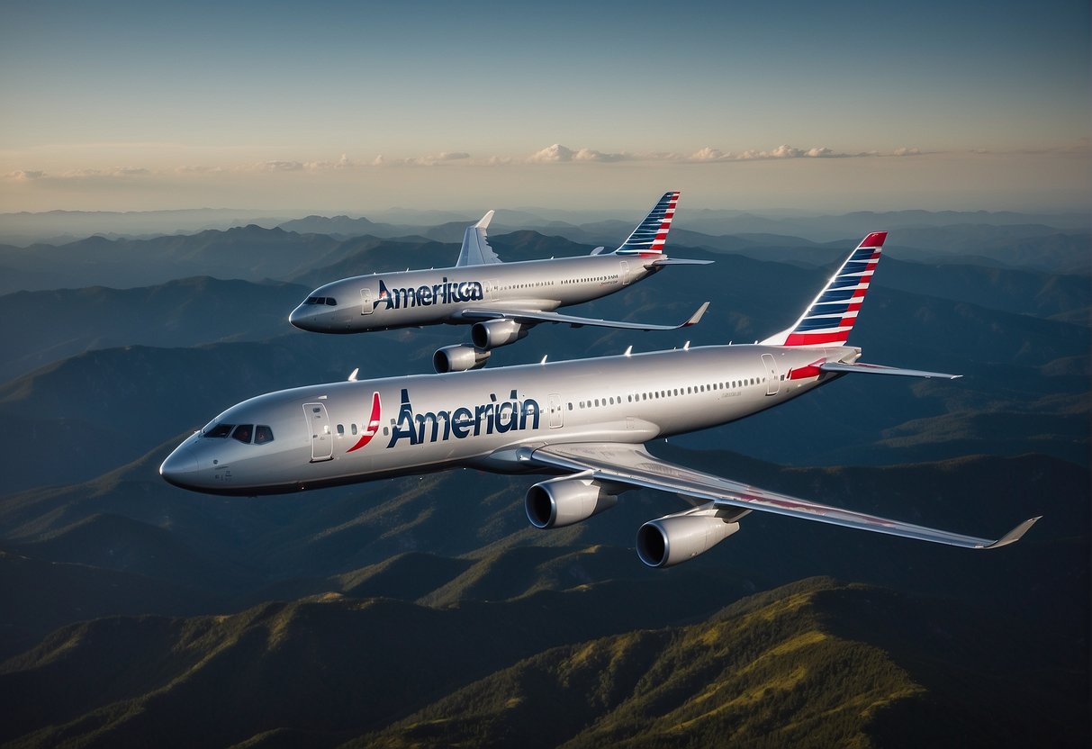 Two airplanes, one with American Airlines logo and the other with Alaska Airlines logo, flying side by side in the sky