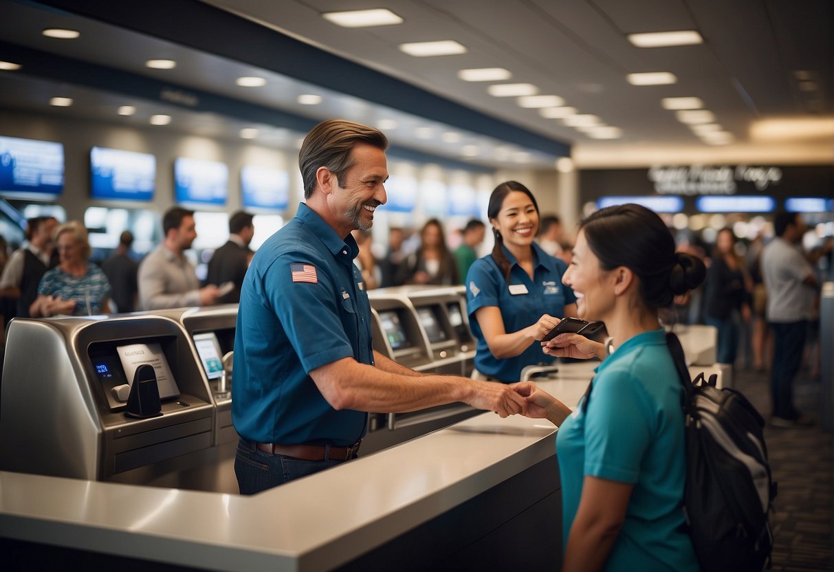 Passengers receiving rewards from American and Alaska Airlines at separate counters, showing brand logos and happy customers