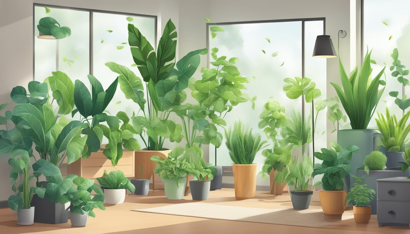 A variety of houseplants are placed in a room with furniture and electronic devices emitting VOCs. The plants are shown actively absorbing the VOCs from the air