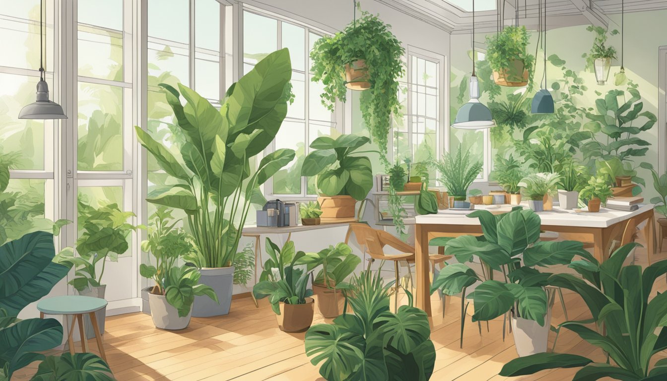 Lush green houseplants sit in a sunlit room, surrounded by furniture and decor. A scientific journal with the title "The Science Behind Plants Absorbing VOCs" is open on a nearby table