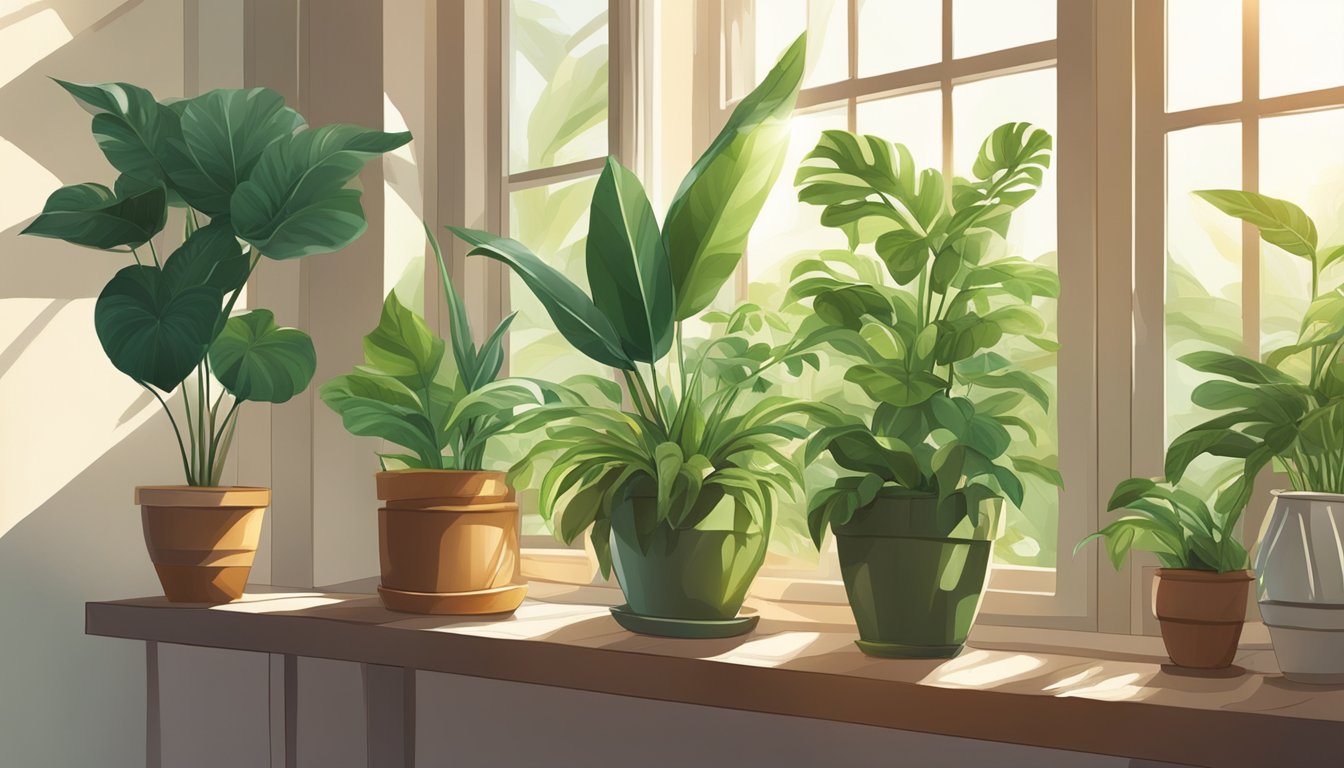 Lush green houseplants in various pots, placed strategically around a room. Sunlight streams in through the window, casting a warm glow on the leaves