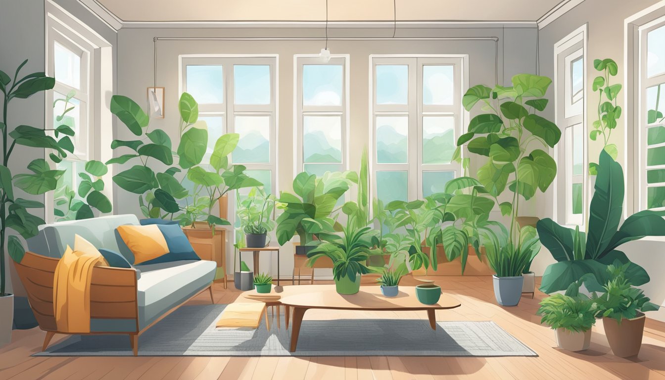 A cozy living room with a variety of houseplants placed near windows, absorbing VOCs. A ventilation system circulates clean air throughout the room