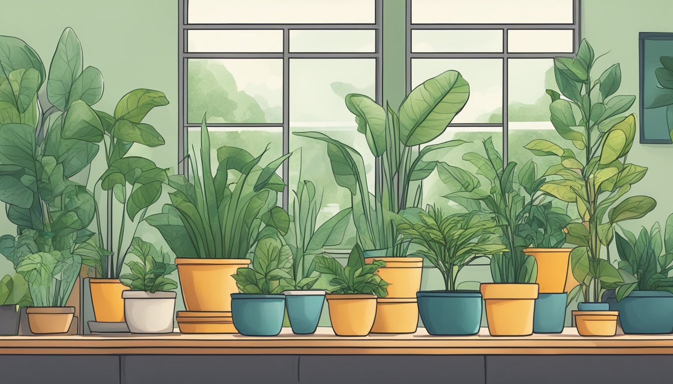 Houseplants in a room with various indoor air pollutants being absorbed