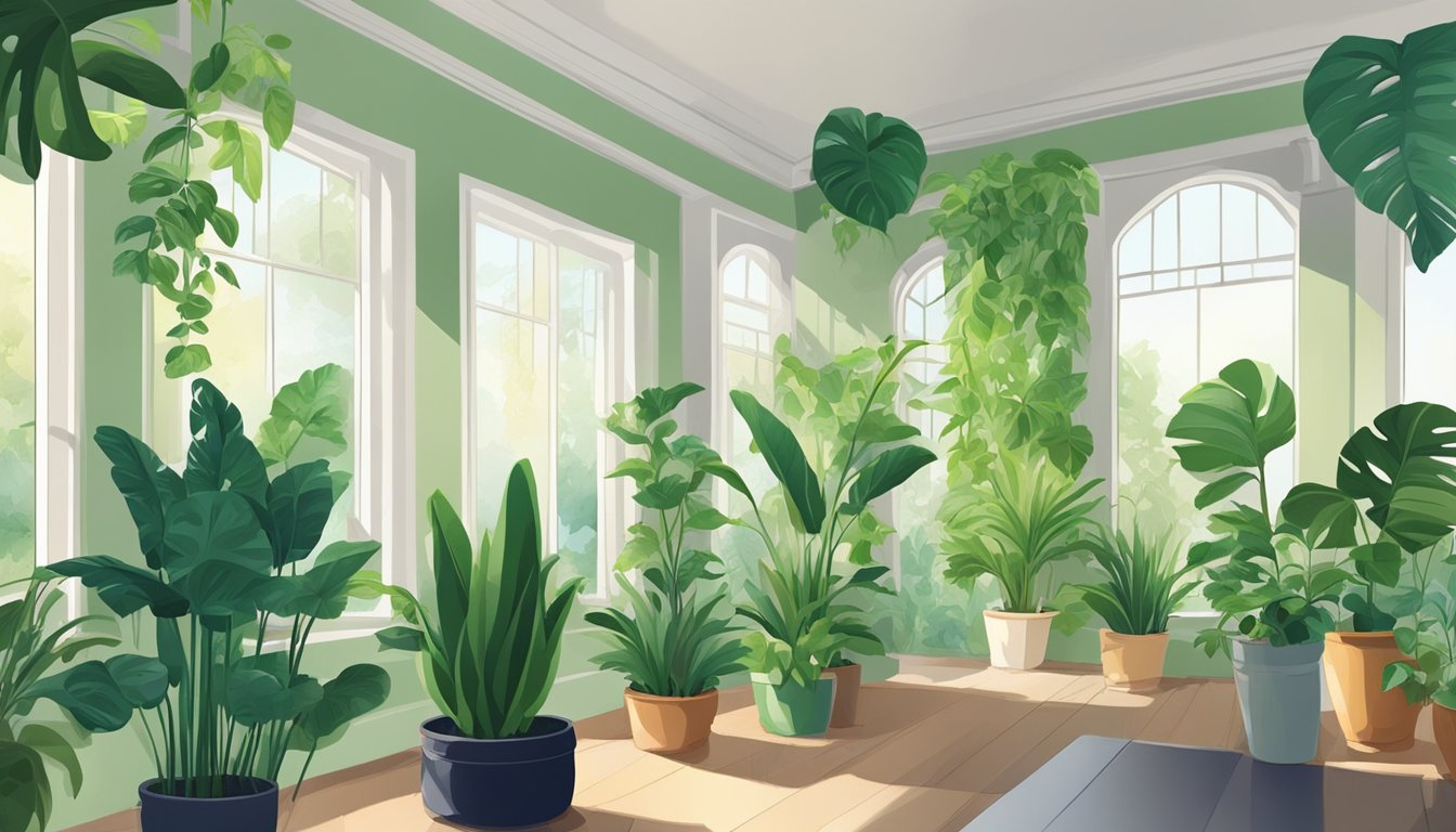 Lush green houseplants sit on windowsills and tables, filtering the air. A variety of plant species thrive in different corners of a well-lit room