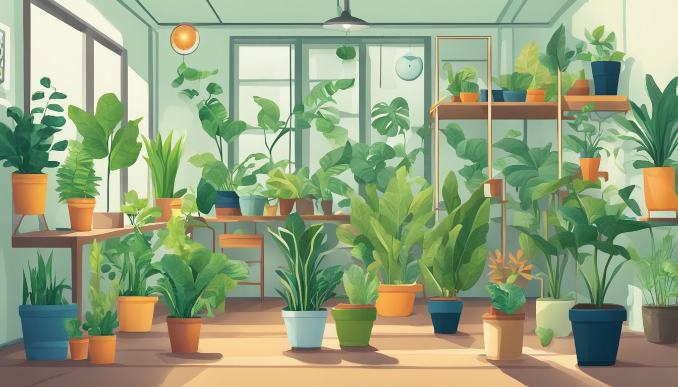 A variety of houseplants arranged in a room, with labels indicating different VOCs being absorbed, surrounded by question marks