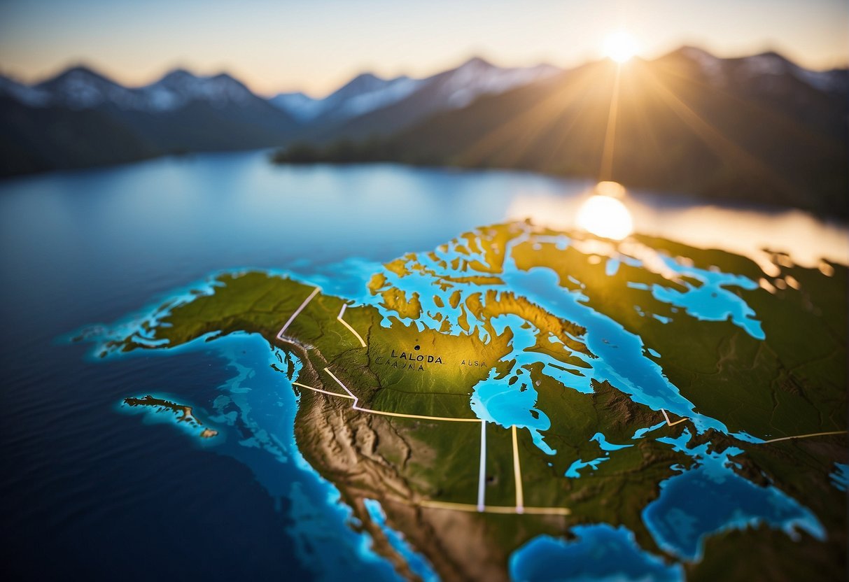 A map showing the border between Alaska and Canada, with a question mark hovering over the boundary line