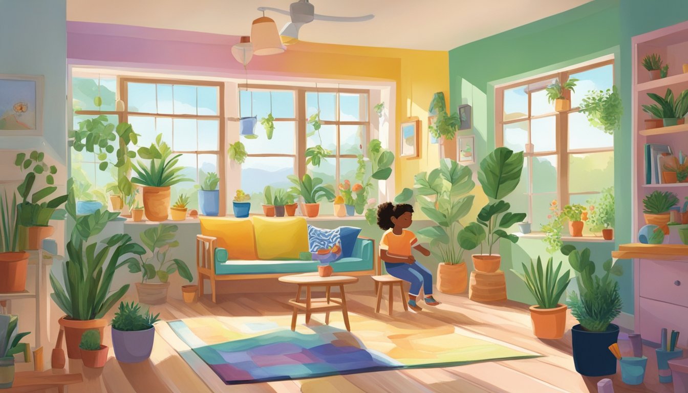 Colorful home with VOC-free paint, plants, and open windows. Children playing in a well-ventilated, natural light-filled space