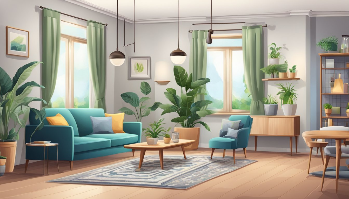 A cozy living room with furniture, carpets, and plants. A kitchen with cooking appliances and cleaning supplies. A bedroom with a mattress, bedding, and curtains