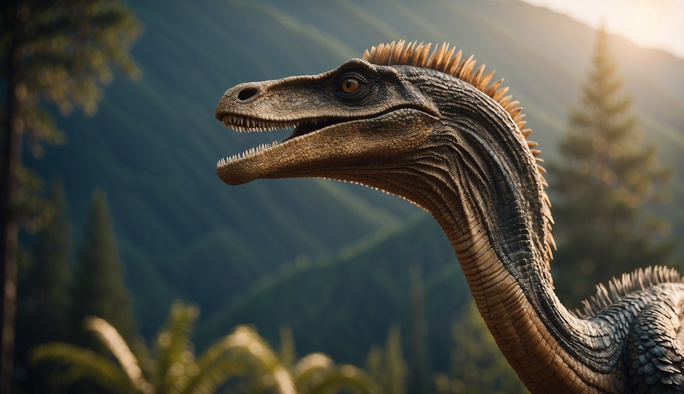 A Therizinosaurus stands tall, its massive claws extended.

The fearsome dinosaur looms over the landscape, ready to defend itself with its impressive weaponry