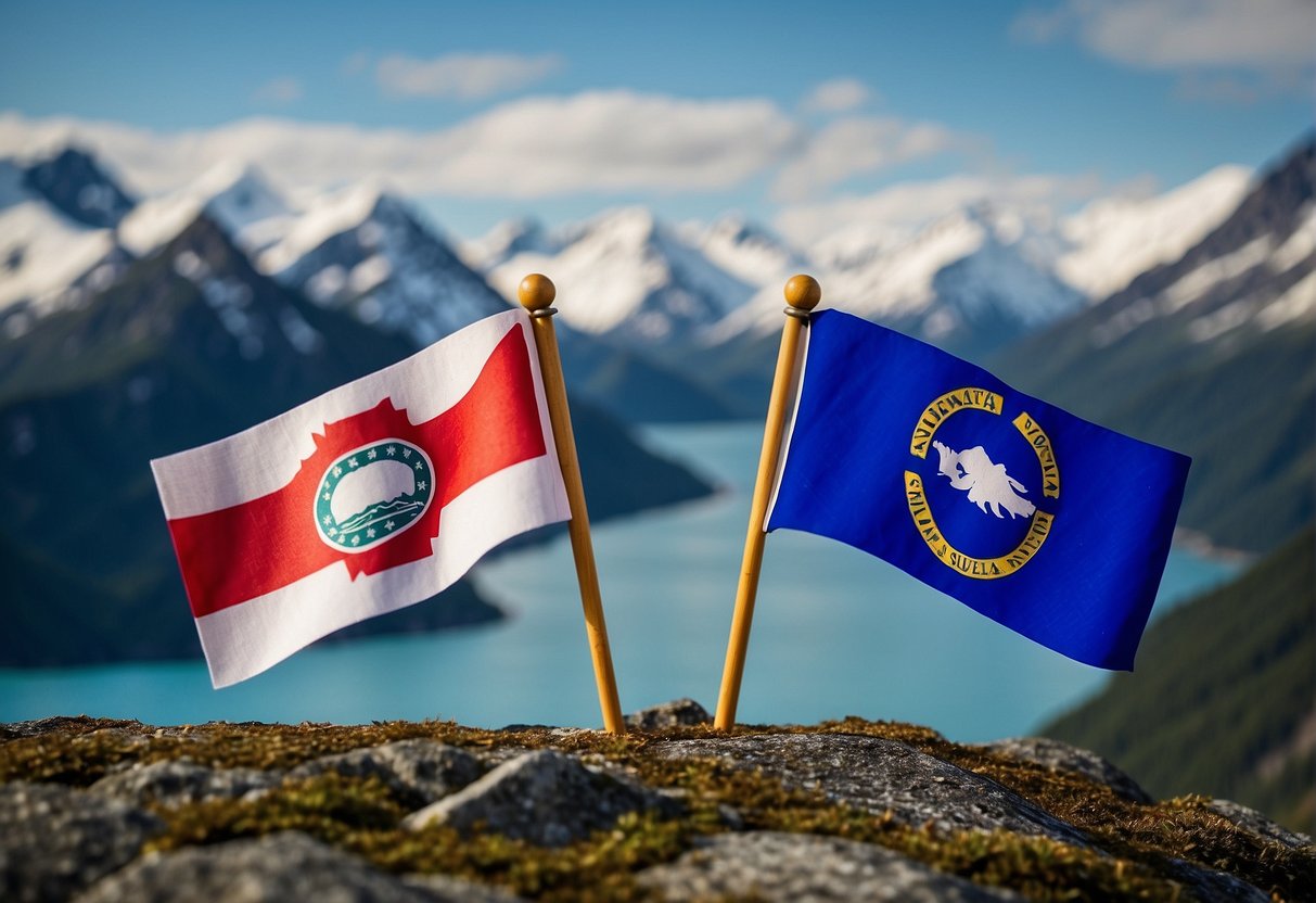 Alaska lies separate from Canada, marked by a rugged mountainous border and a vast expanse of wilderness. The two nations' flags fly on either side of the boundary, symbolizing their geopolitical divide