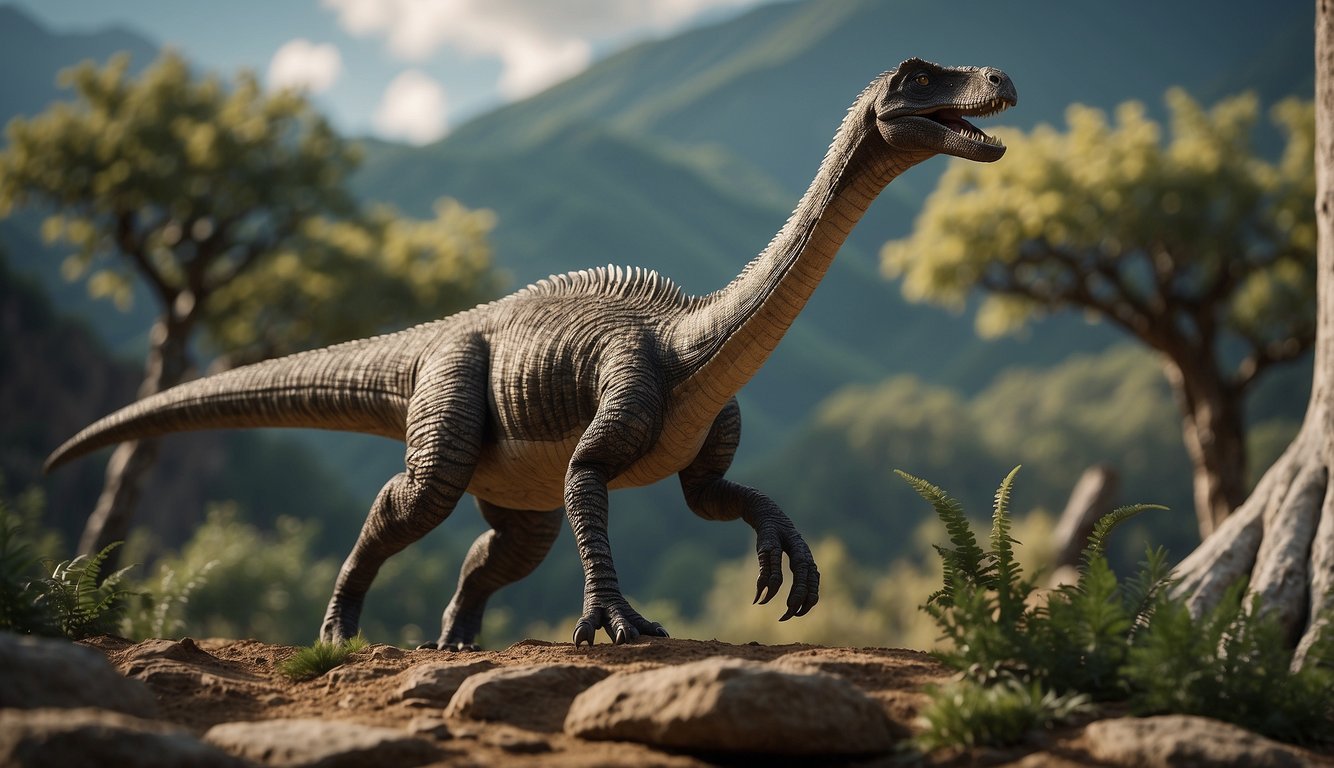 A Therizinosaurus stands tall, its long claws reaching out.

Surrounding it are ancient fossils and remnants of prehistoric plants