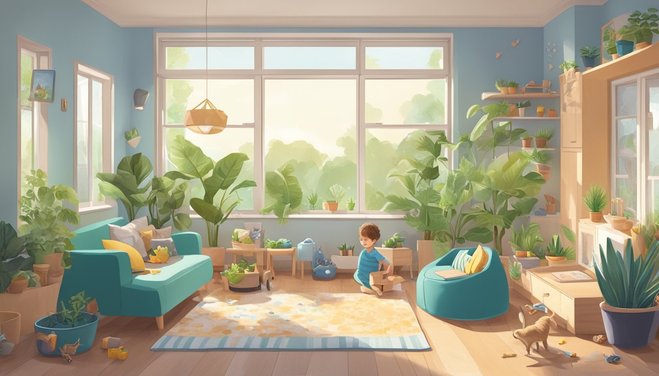 A child playing in a well-ventilated, clutter-free room with non-toxic toys and furniture, surrounded by plants and open windows to minimize exposure to VOCs