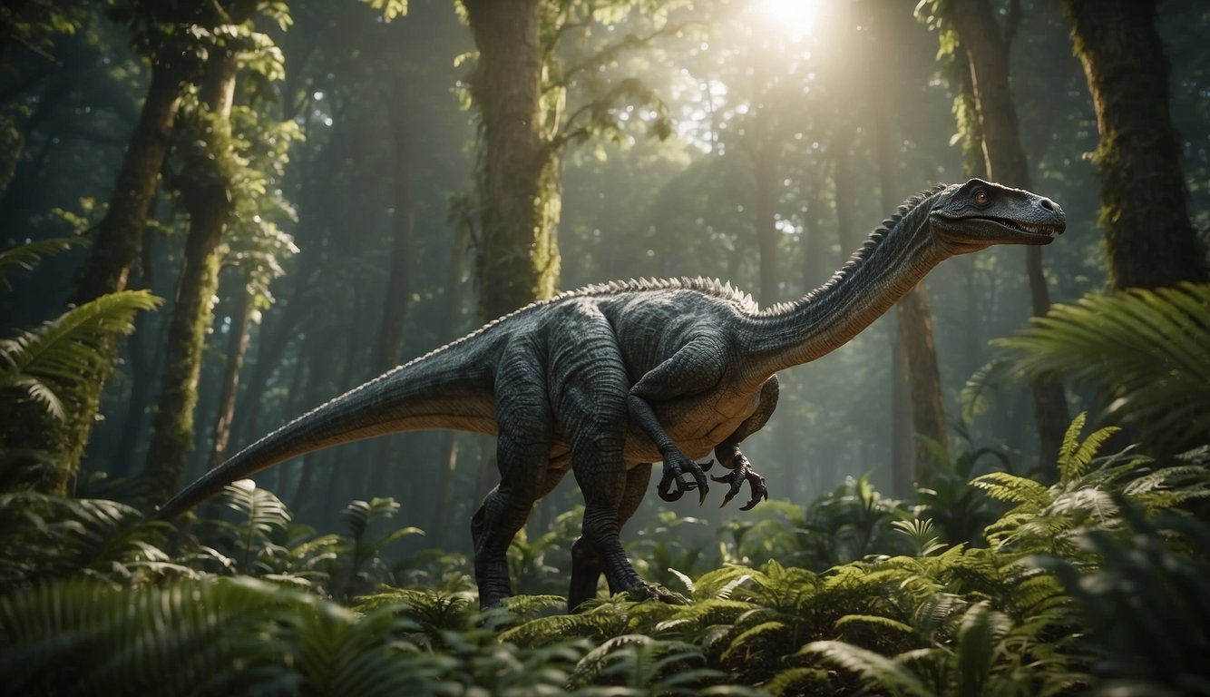 Therizinosaurus stands tall in a lush prehistoric forest, its long claws reaching out to graze on vegetation, while smaller dinosaurs and pterosaurs fly above