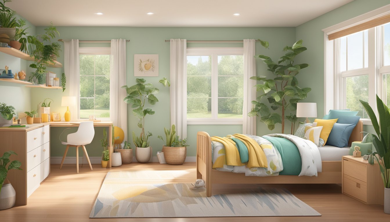A child-friendly bedroom with non-toxic paint, low-VOC furniture, and an air purifier. Plants and natural light create a healthy, clean environment