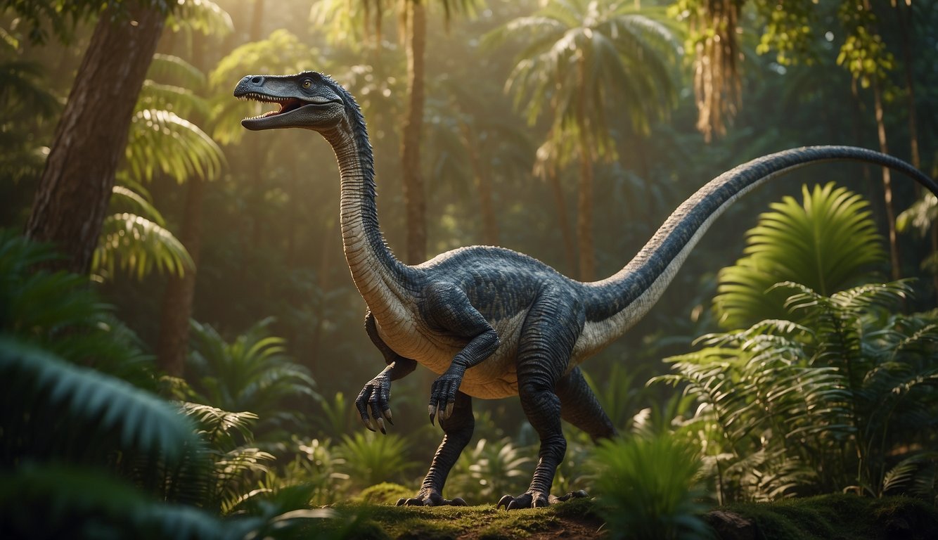 A Therizinosaurus stands on its hind legs, its long claws extended.

It is surrounded by lush prehistoric foliage, with other dinosaurs in the background
