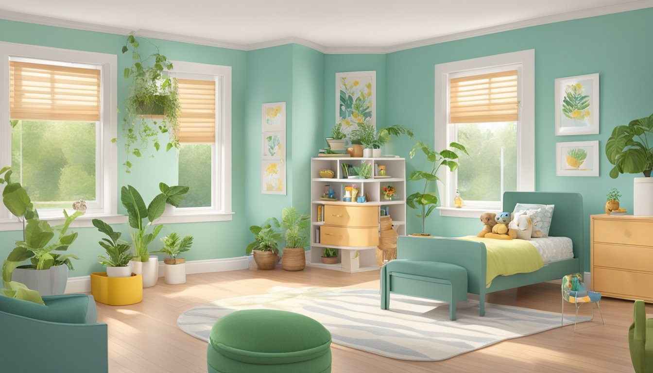 A child-friendly room with low-VOC paint, non-toxic furniture, and plenty of natural light. Plants and air purifiers help minimize VOC exposure