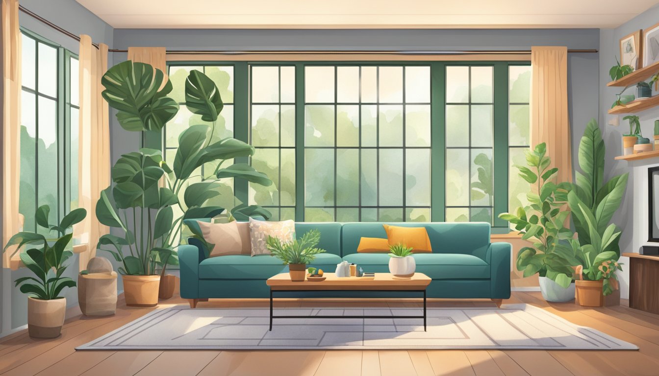 A cozy living room with open windows, plants, and natural cleaning products. No VOC-emitting materials in sight