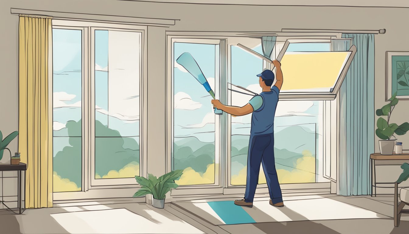 A person opening windows and using a fan while painting a room to reduce VOC exposure