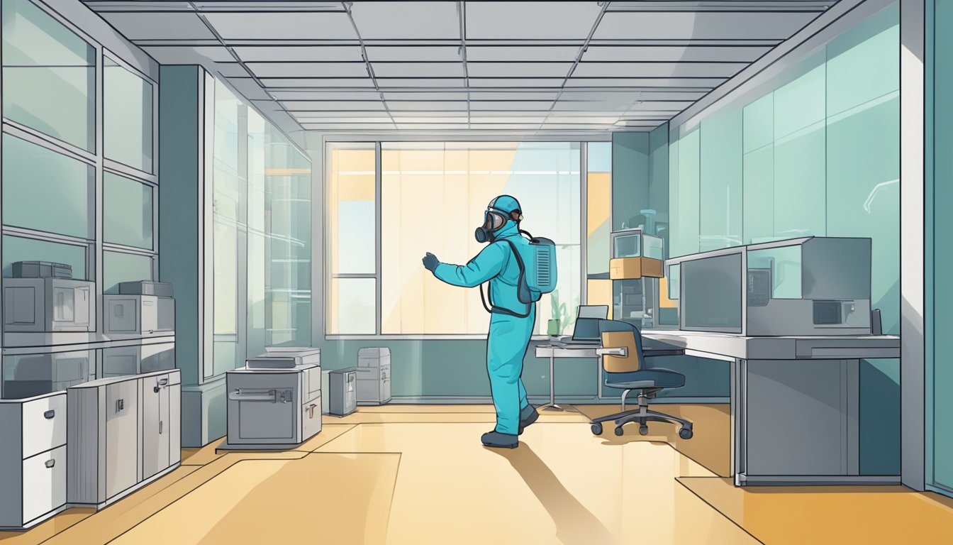 A well-ventilated room with a person wearing a respirator while using VOC-containing products. Windows are open, and a fan is running to minimize exposure