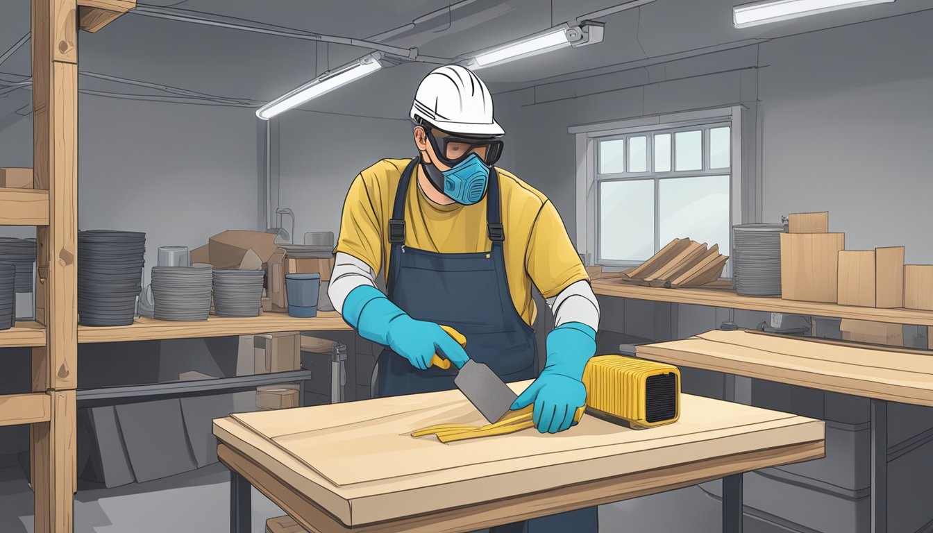 A person wearing a mask and gloves while working on a DIY project in a well-ventilated area, with VOC-free materials and proper disposal methods
