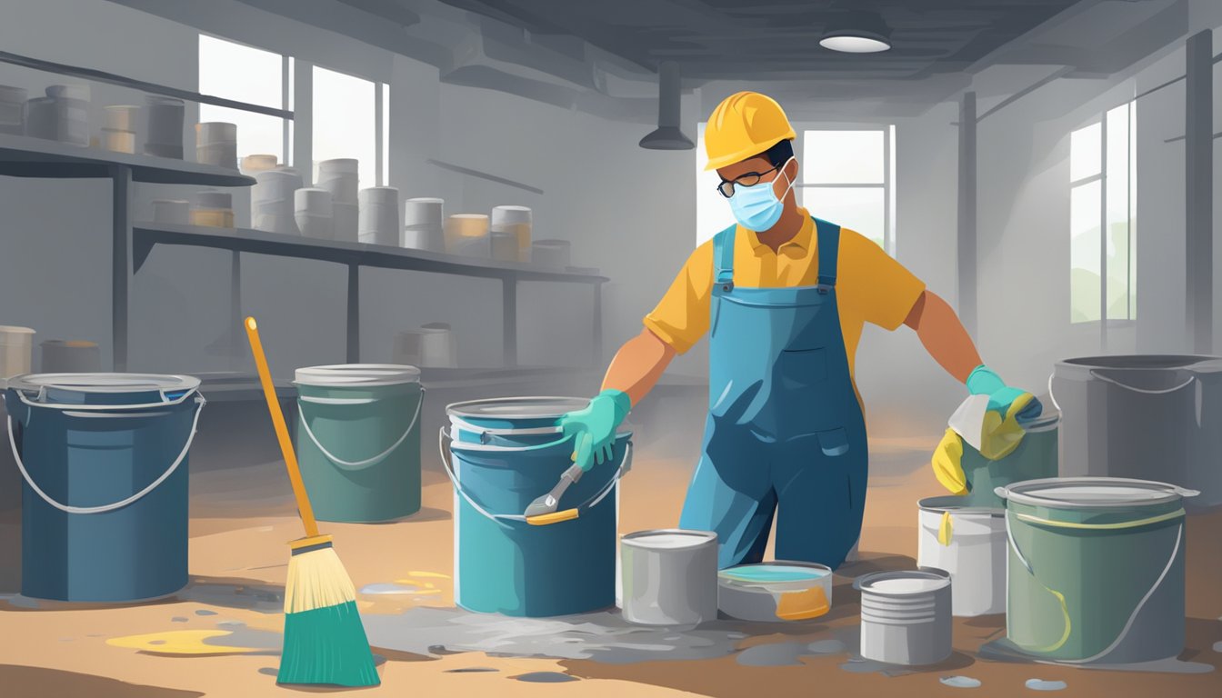 A person wearing a mask and gloves cleans up paint cans and brushes in a well-ventilated area. They dispose of used materials properly