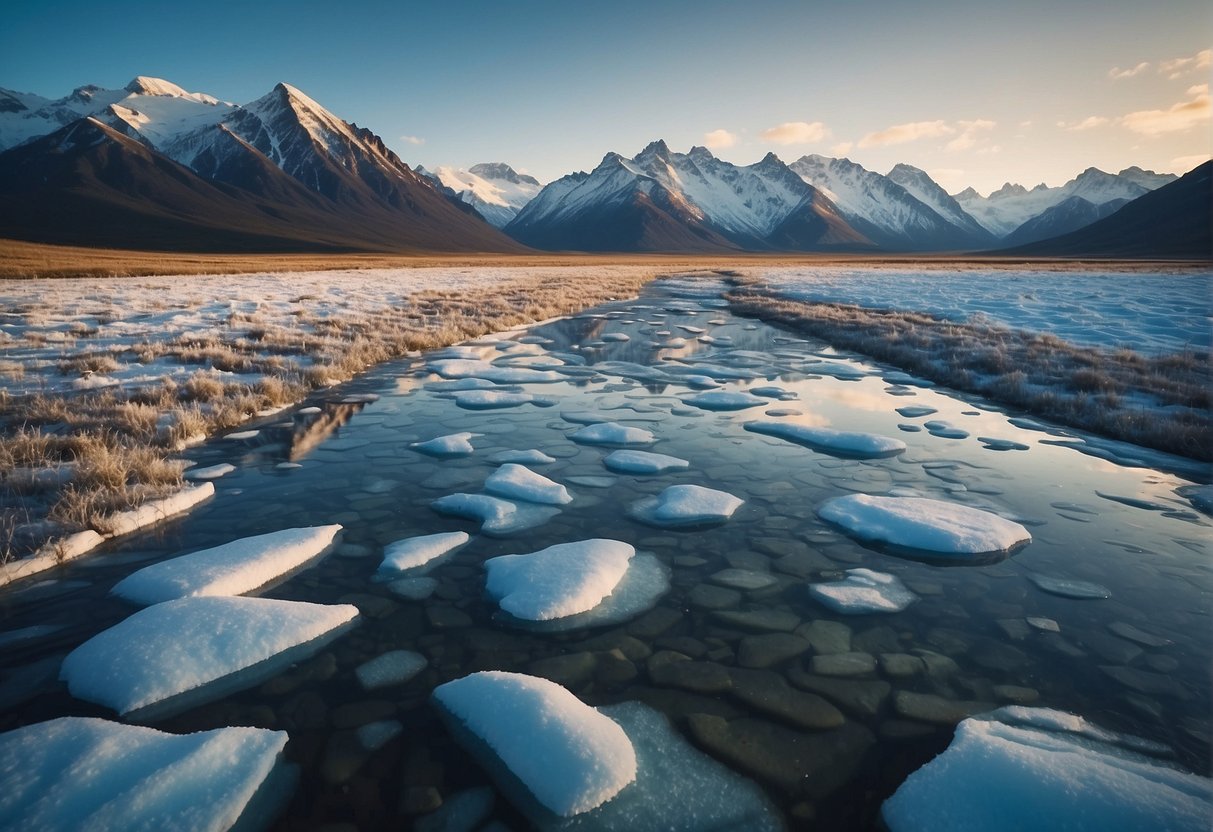 A vast expanse of icy tundra stretches from Russia to Alaska, with snow-capped mountains and frozen rivers creating a formidable barrier between the two lands