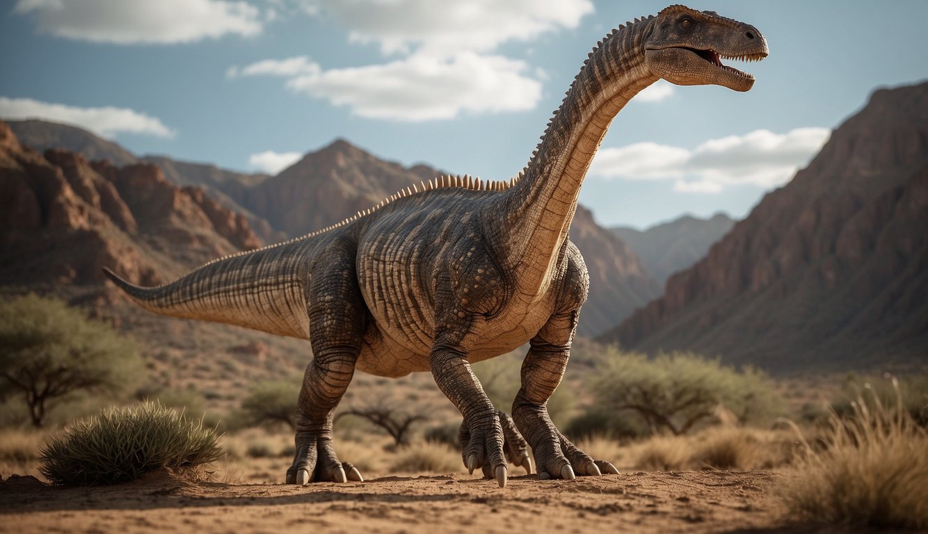 Amargasaurus stands tall in a prehistoric landscape, its long neck adorned with rows of spiky projections.

The dinosaur's sharp, angular features give it a fearsome appearance as it roams the ancient terrain