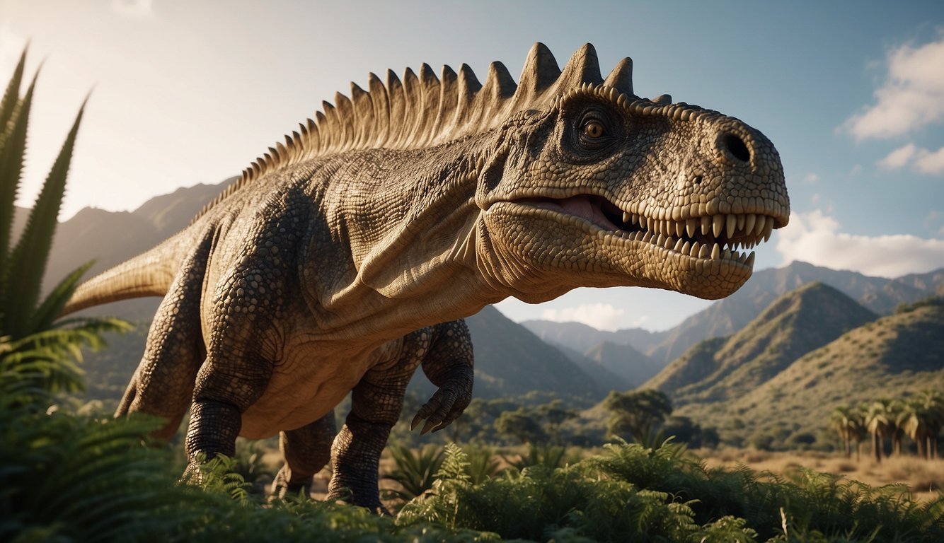 Amargasaurus stands tall, its long neck adorned with spiky projections.

Lush greenery surrounds the dinosaur as it roams the prehistoric landscape