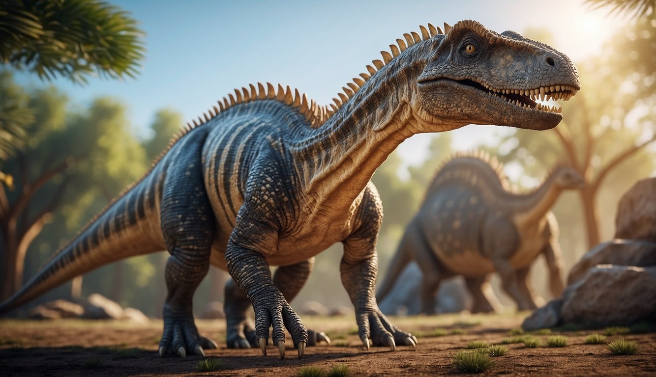 Amargasaurus stands tall among other dinosaurs, its long neck adorned with impressive spiky protrusions